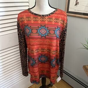 BACK IN THE SADDLE Womens Top Large Colorful Aztex Print Southwestern Casual